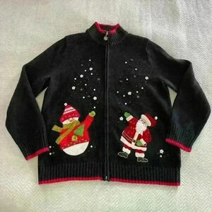 Christmas Sweater Cardigan Full Zip Mercer Street Studio Size M Santa Snowman